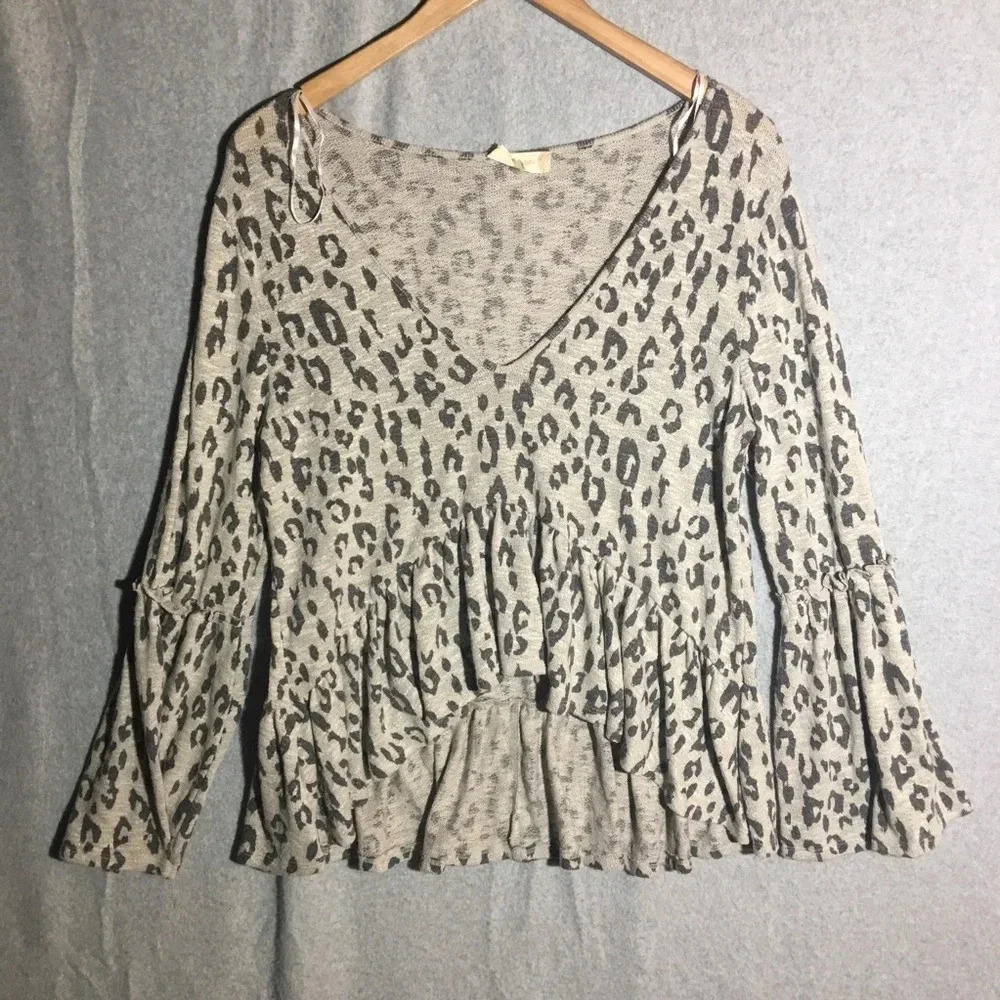 Womens Altar’d State Blouse Babydoll Animal Print Flowy Bell Sleeve Trendy Cute